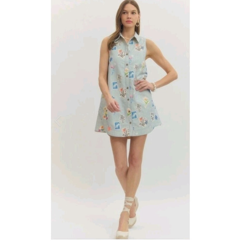 Entro Noah Sleeveless Blue Striped Floral Shirt Dress Costal Botanical Print